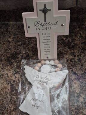 Baptized in Christ Pink Wooden Cross And Guardian Angel Accent